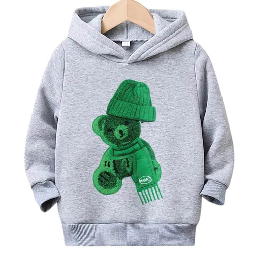 (Not Embroidered) Printed Greeny Bear Warm Fleece Hoodie - Kin Trends