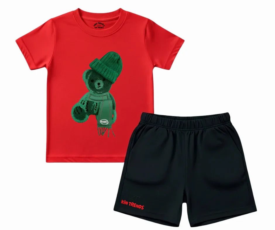 Color Contrast Greeny Bear Shorts Set (Not Embroidered) Kids T shirt and shorts | Mini Minors Kin Trends | Kintrends