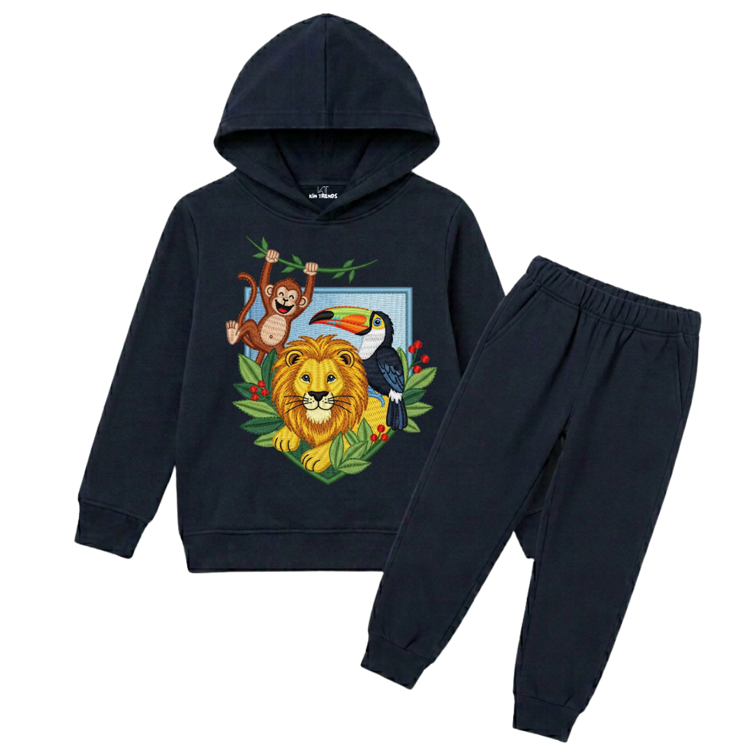 Jungle Safari Lion & Monkey Printed Kids Winter Fleece Tracksuit - 2 Pcs