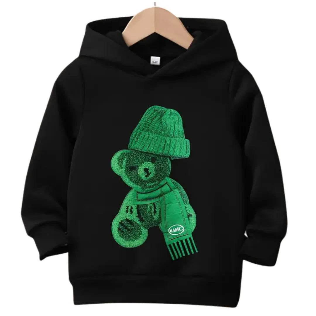 (Not Embroidered) Printed Greeny Bear Warm Fleece Hoodie - Kin Trends