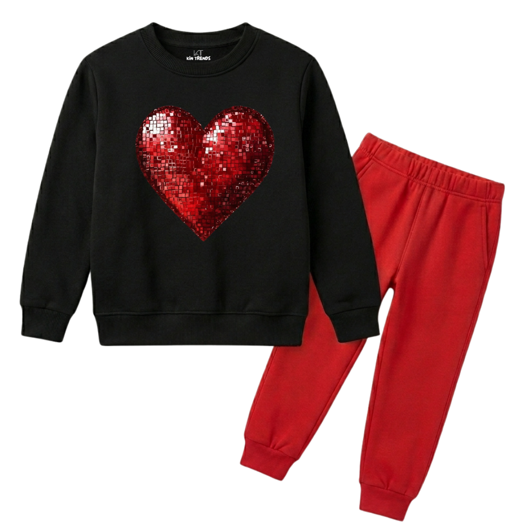 Red Disco Sequin Heart Girls Winter Tracksuit - 2 Pcs