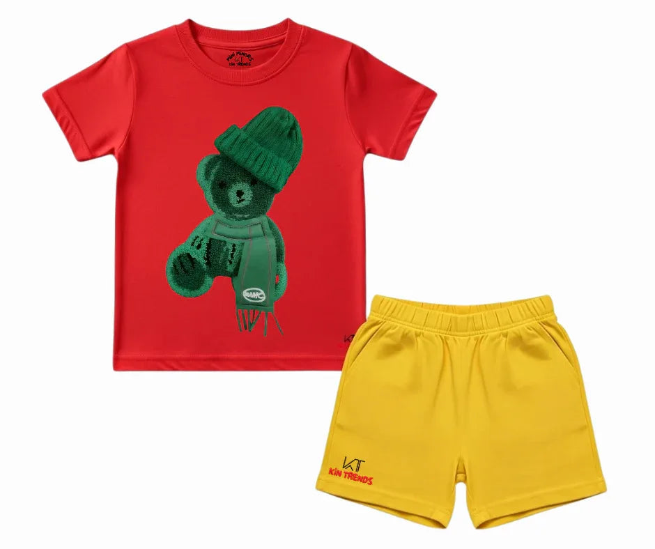 Color Contrast Greeny Bear Shorts Set (Not Embroidered) Kids T shirt and shorts | Mini Minors Kin Trends | Kintrends