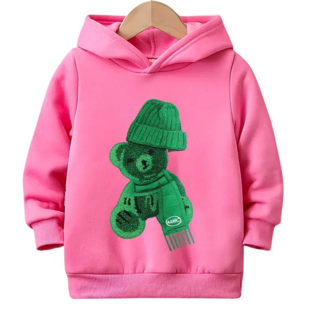 (Not Embroidered) Printed Greeny Bear Warm Fleece Hoodie - Kin Trends