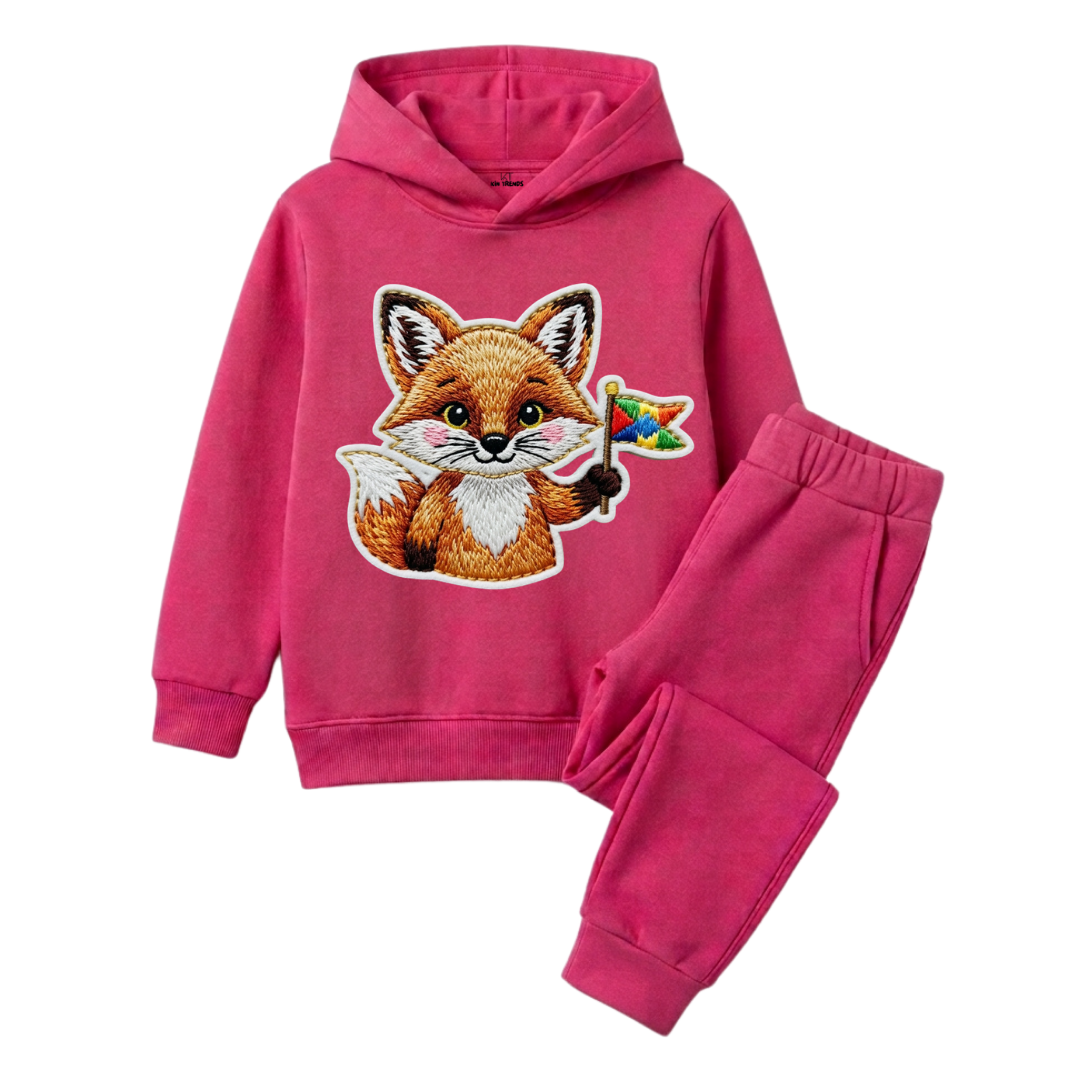 Cute Fox Embroidery Style Kids Hoodie Tracksuit