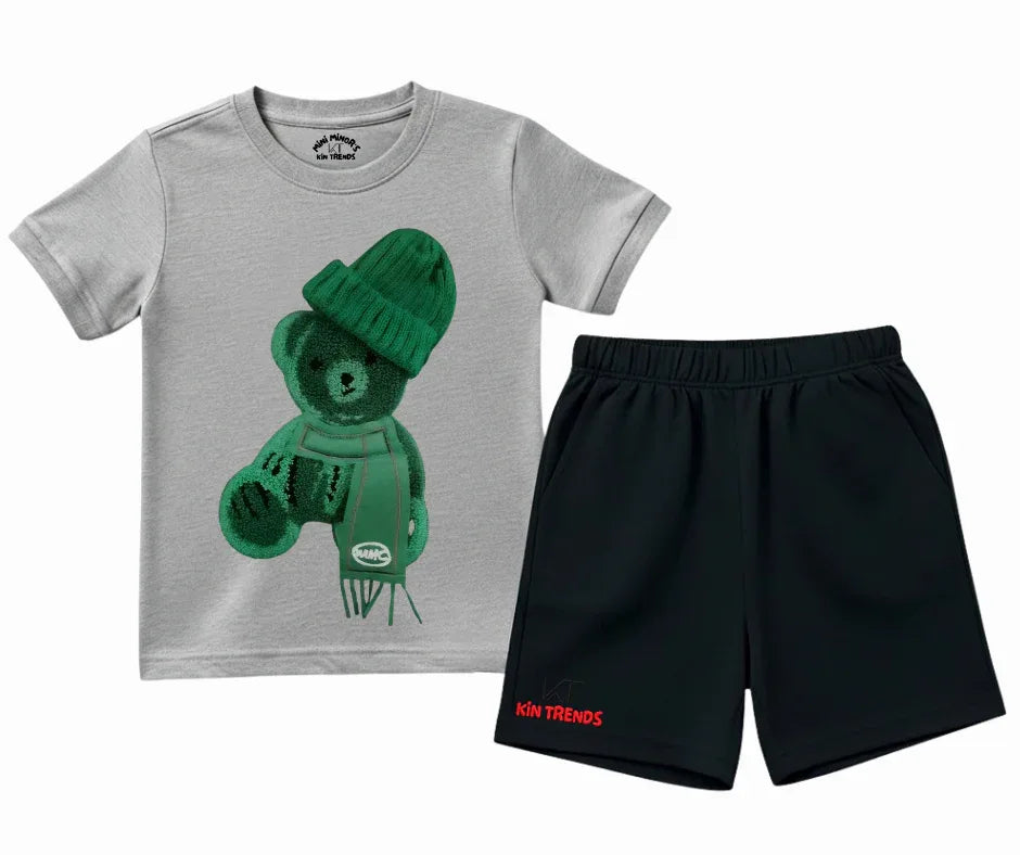 Color Contrast Greeny Bear Shorts Set (Not Embroidered) Kids T shirt and shorts | Mini Minors Kin Trends | Kintrends