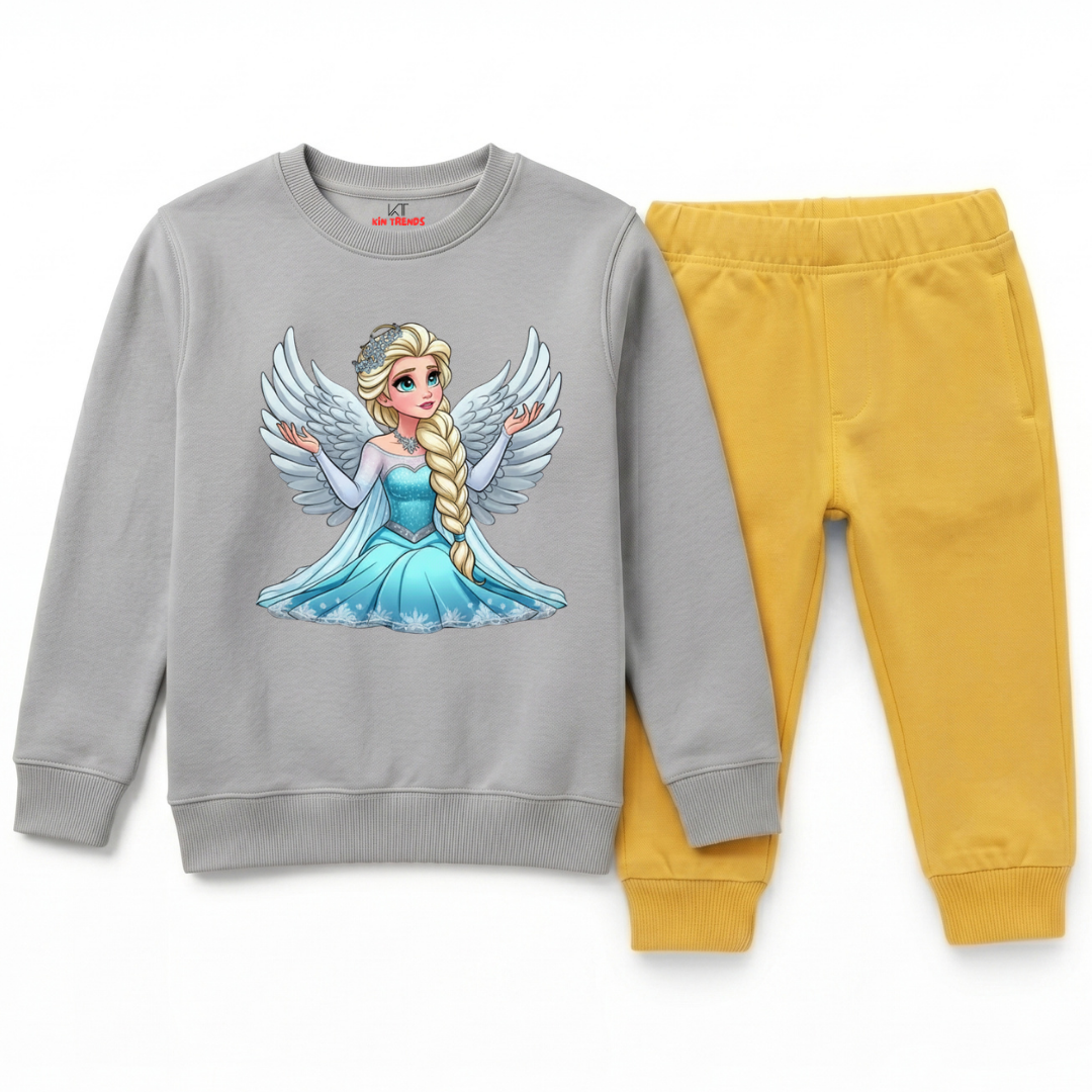 Girls Grey & Yellow Princess Elsa Cartoon Winter Outfit Set