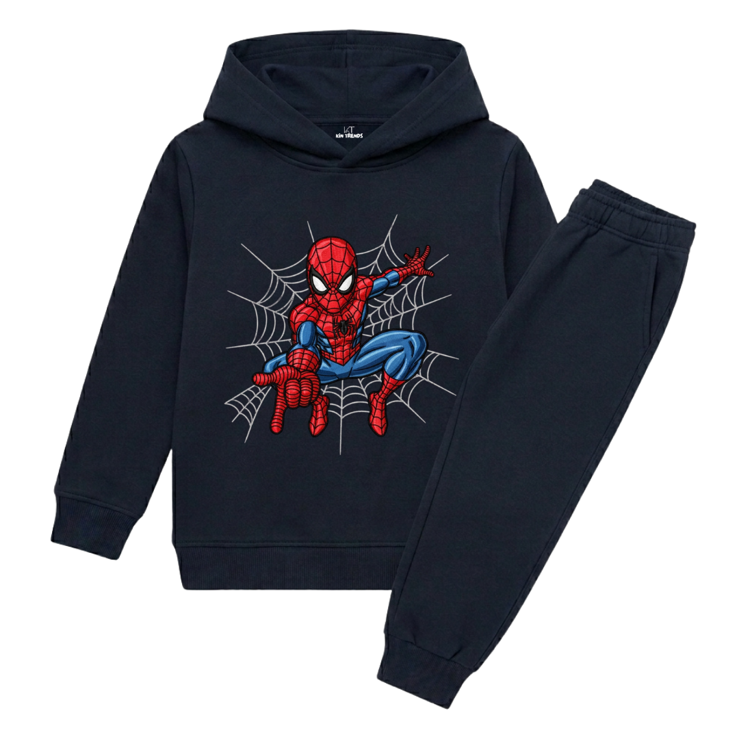 Kids Navy Blue Spiderman Web Graphic Print Winter Hoodie Suit