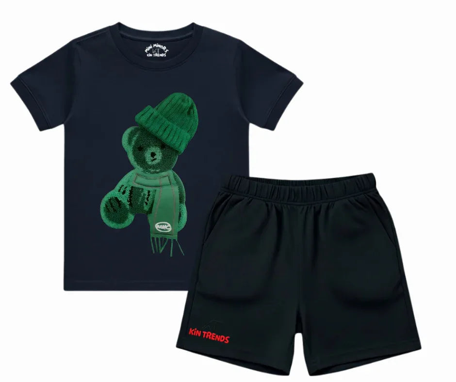 Color Contrast Greeny Bear Shorts Set (Not Embroidered) Kids T shirt and shorts | Mini Minors Kin Trends | Kintrends
