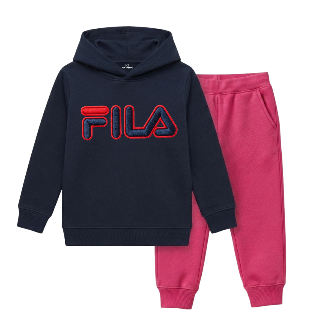 Girls Navy Blue & Pink Fila Graphic Print Winter Hoodie Set
