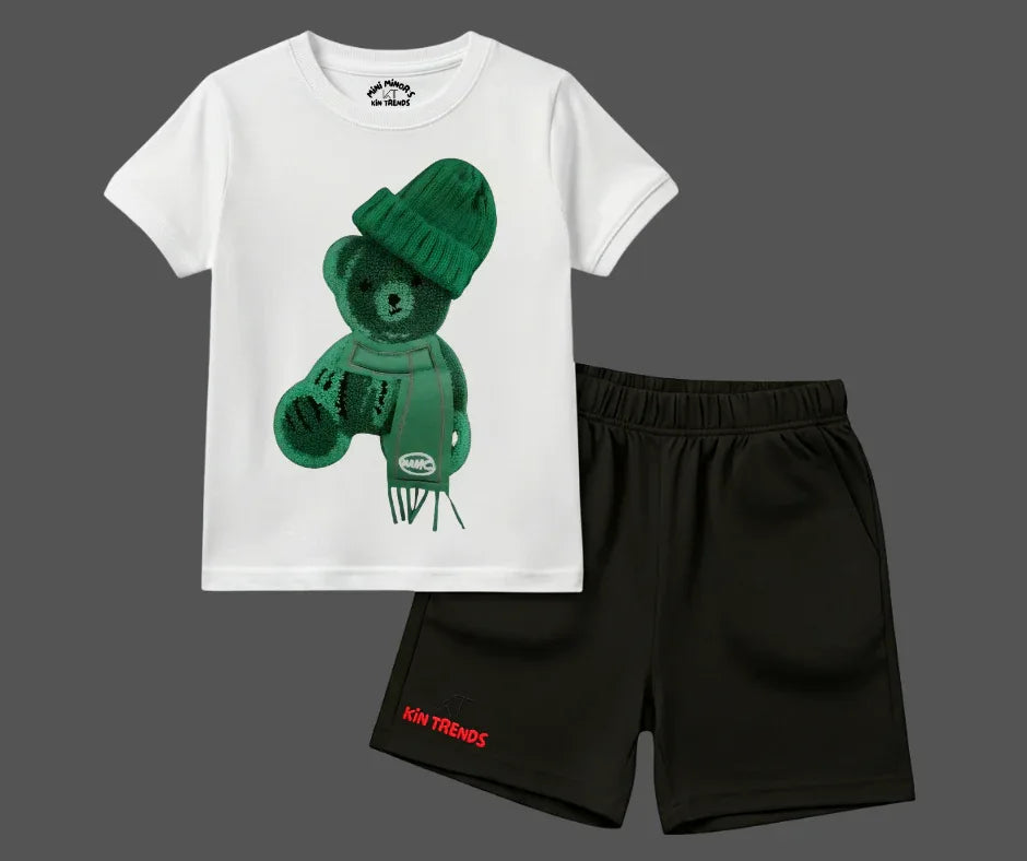 Color Contrast Greeny Bear Shorts Set (Not Embroidered) Kids T shirt and shorts | Mini Minors Kin Trends | Kintrends