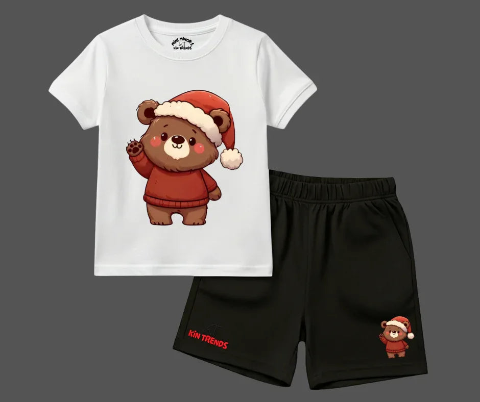 Santa Bear T Shirt & Shorts Combo – White/Black | Mini Minors Kintrends