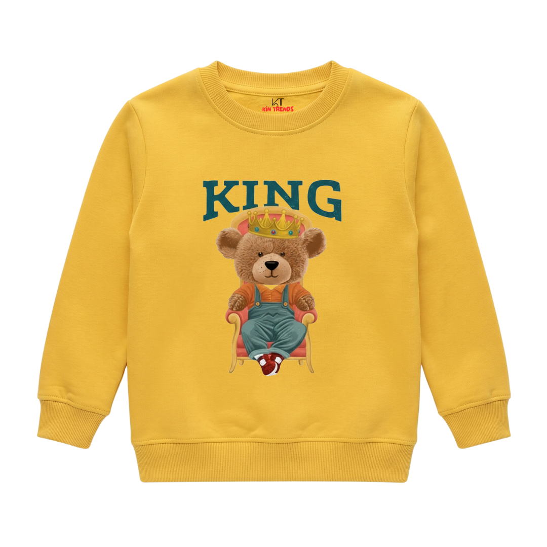 King Teddy Bear Seated on Royal Throne Kids Winter Crewneck Sweatshirt