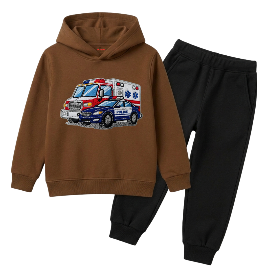 Kids Rescue Emergency Vehicles Print Winter Hoodie & Trouser Suit