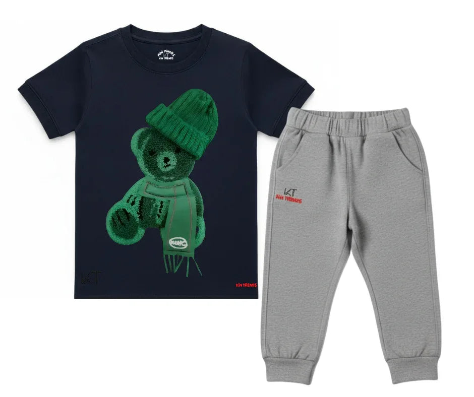 Greeny bear Color Contrast Tracksuit (Not Embroidered) Kids T shirt and trouser | Mini Minors Kin Trends | Kintrends
