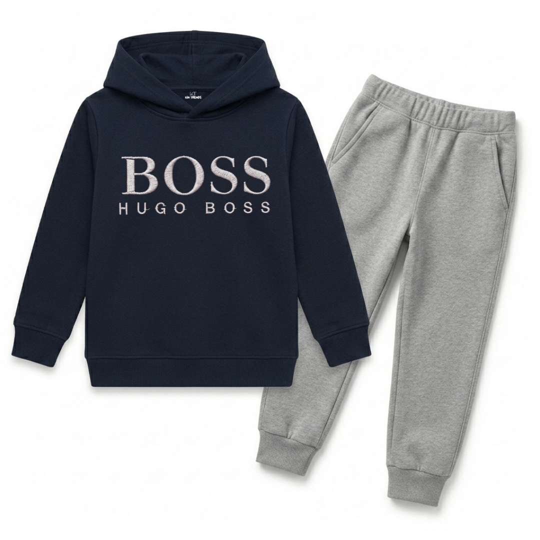 Navy Blue & Grey Boss Graphic Winter Hoodie Suit