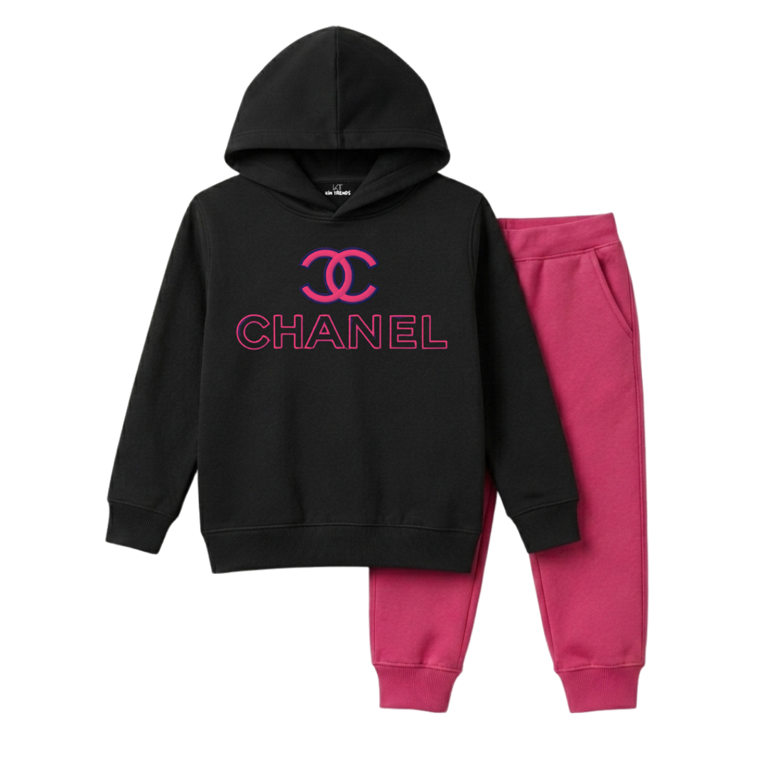 Girls Black & Hot Pink CHNL Winter Hoodie Suit