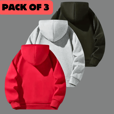 Pack Of 3 Plain Solid Color Warm Fleece Hoodies For Kids Olive Green Grey Red - Kin Trends