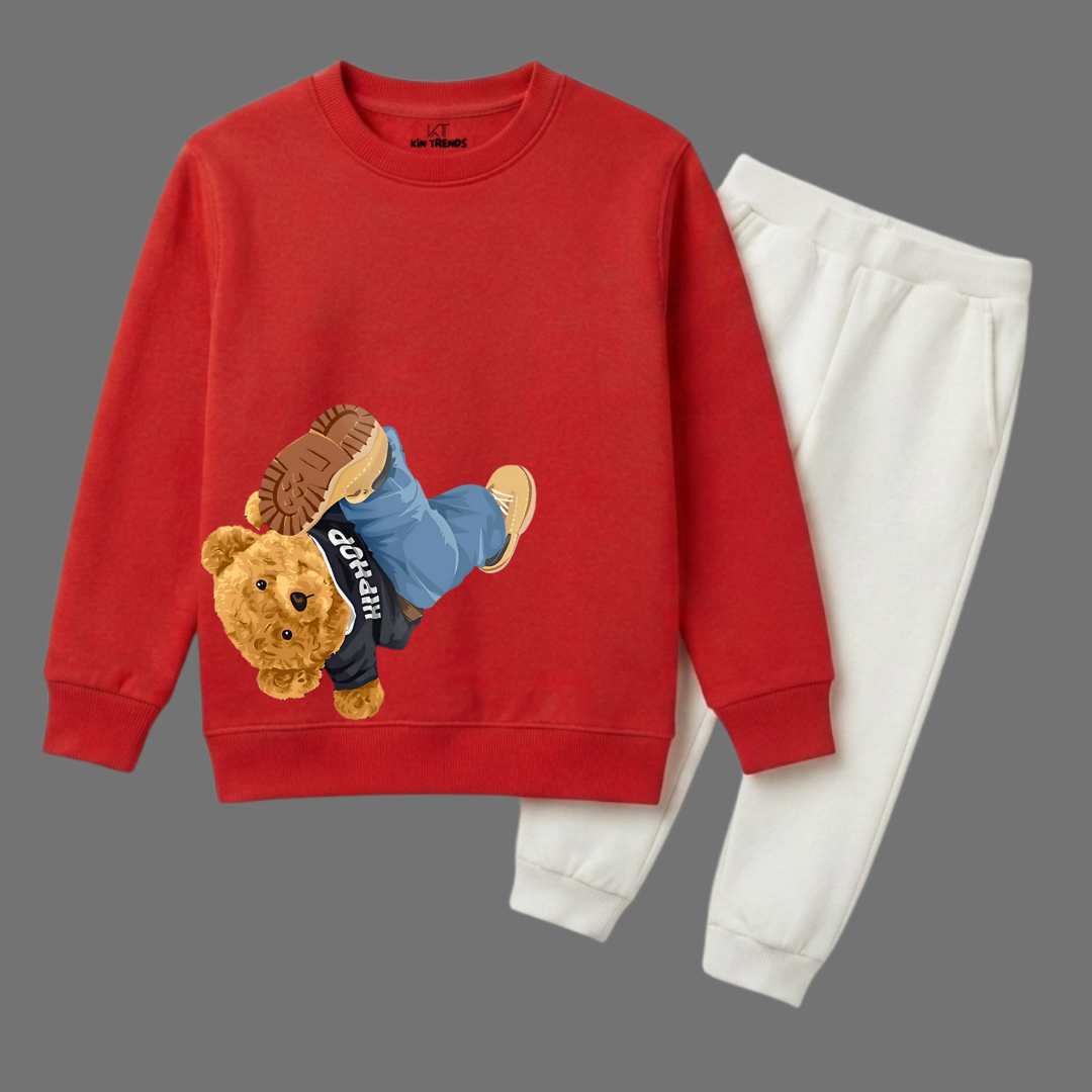 Kids Red & White Street Style Cartoon Bear Winter Set