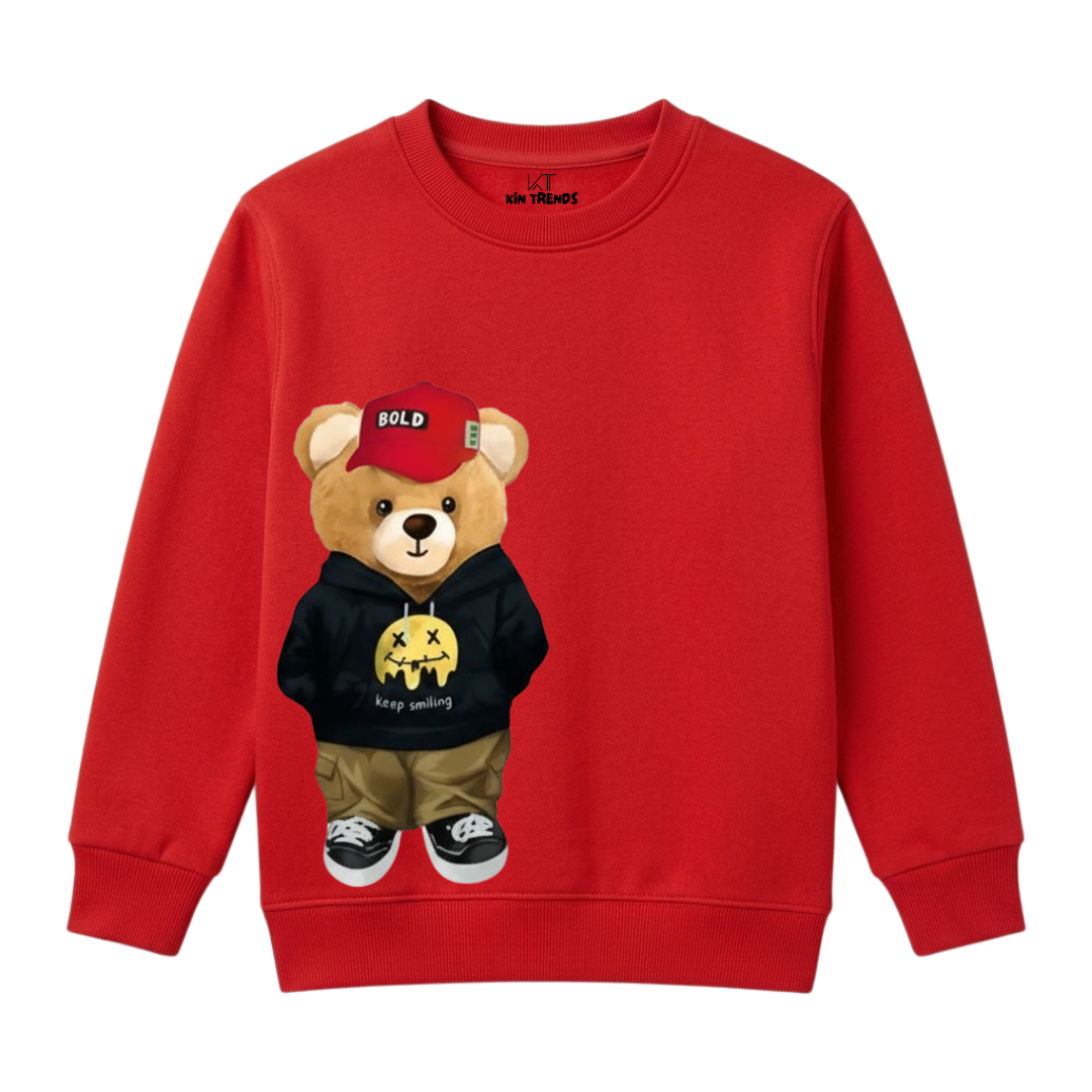 Kids Red Cool Streetwear Cartoon Bear Print Warm Sweatshirt
