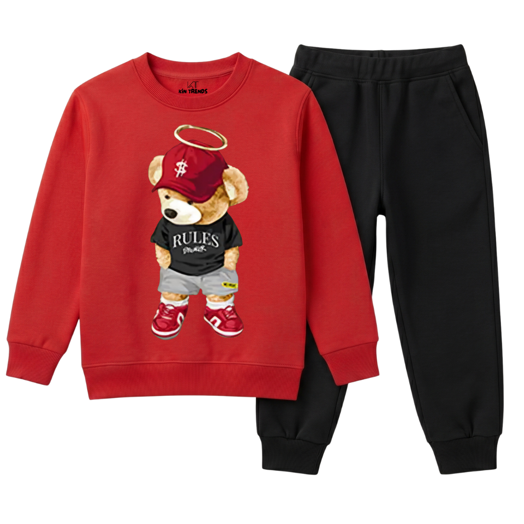 Boys Red & Black Streetwear Bear Print Winter Outfit Set