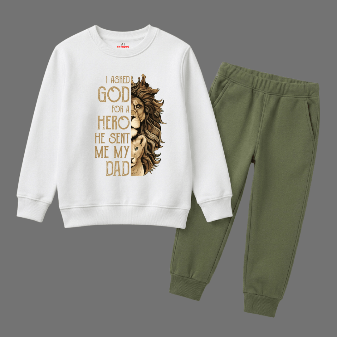 My Dad My Hero Lion Graphic Kids Winter Sweatshirt Tracksuit - 2 Pcs