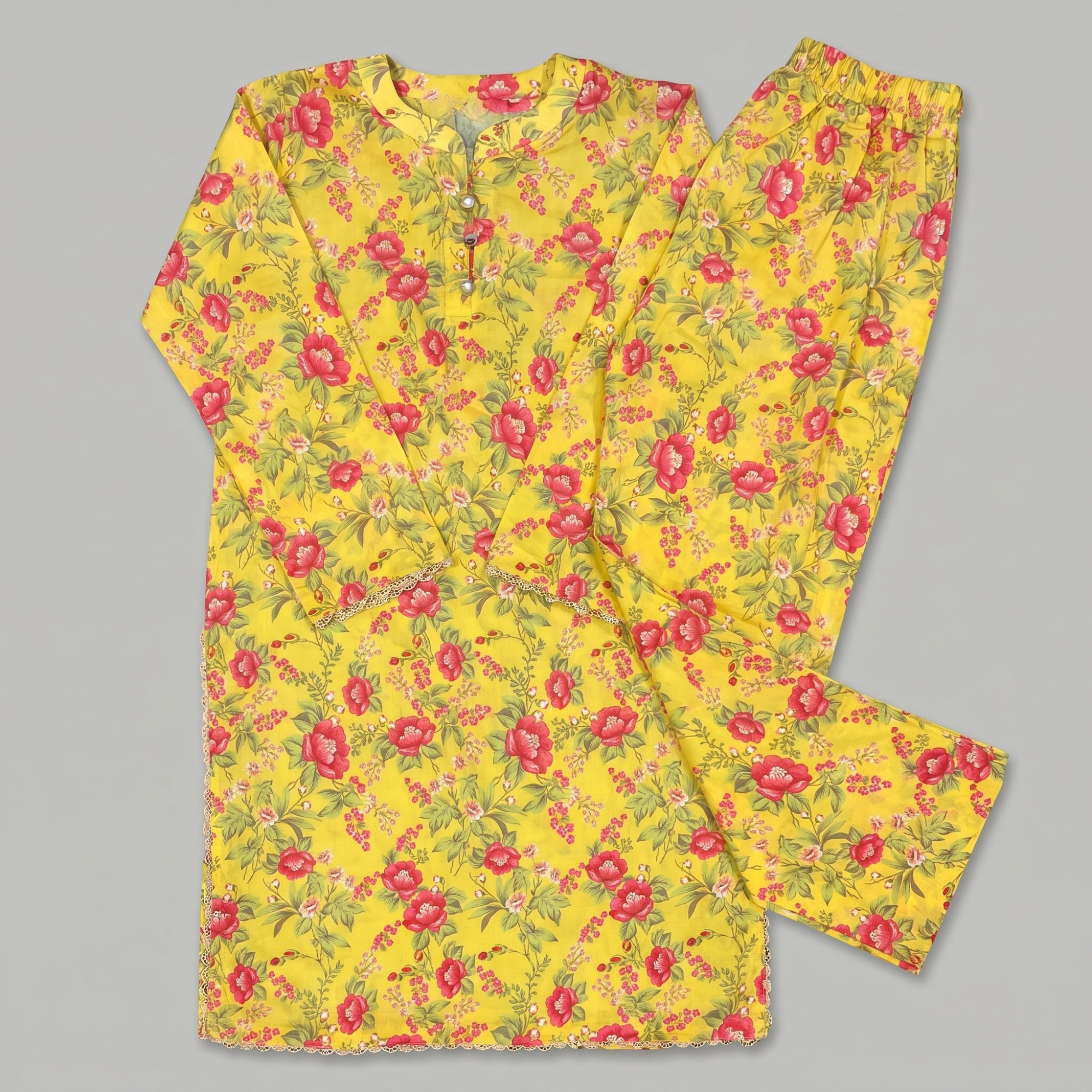 Yellow Flora – 2 Piece Premium Lawn Kurta Trouser for Girls