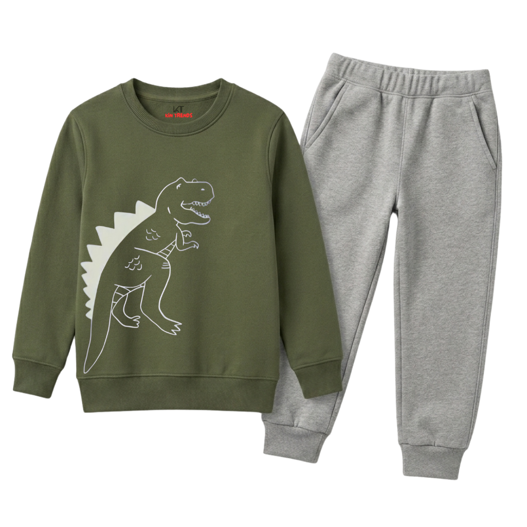 Olive Green & Heather Grey Dino Sketch Winter Suit