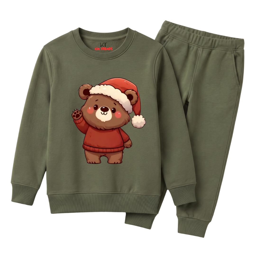 Kids Olive Green Cute Winter Bear Graphic Print Sweatshirt Set
