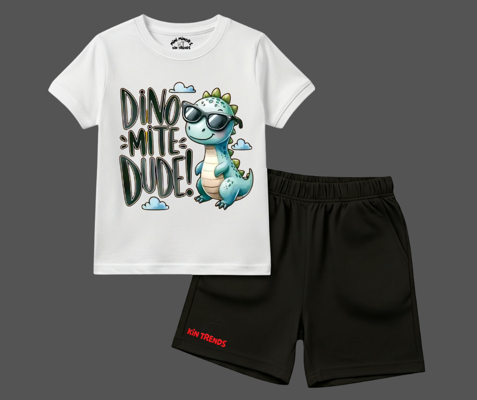 Dino-Mite Dude Tee & Shorts Combo | Kids T shirt and shorts| Mini Minors Kintrends
