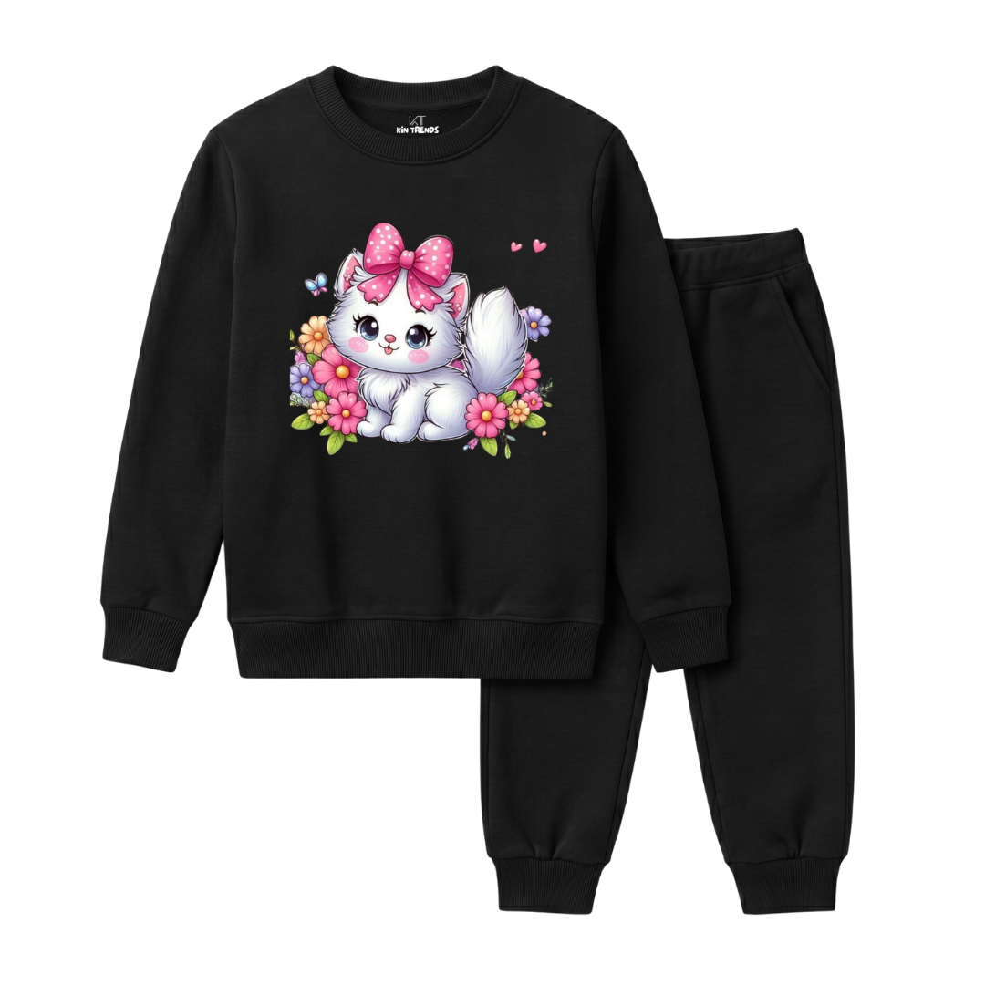 Cute White Kitten Floral Girls Winter Sweatshirt Tracksuit - 2 Pcs