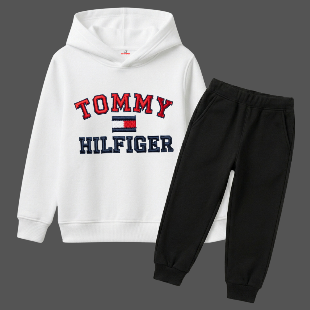 Kids White & Black Tommy Style Winter Hoodie & Trouser Set