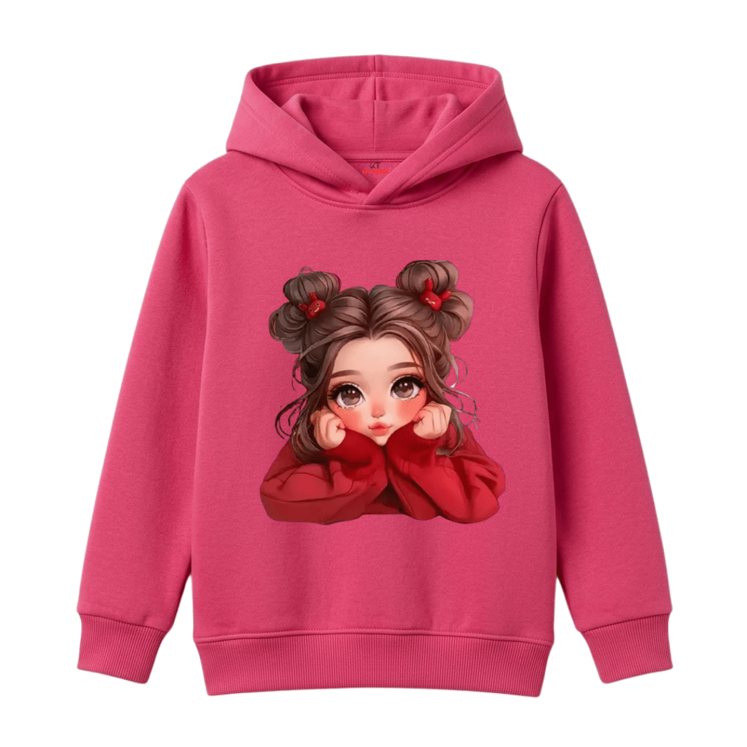 Cute Anime Girl Double Bun Hair Illustration Kids Winter Fleece Hoodie