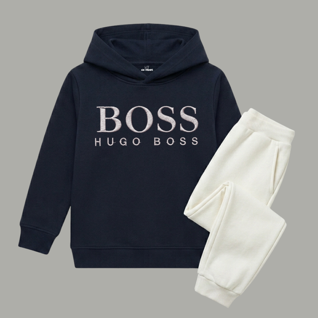 Navy Blue & Grey Boss Graphic Winter Hoodie Suit