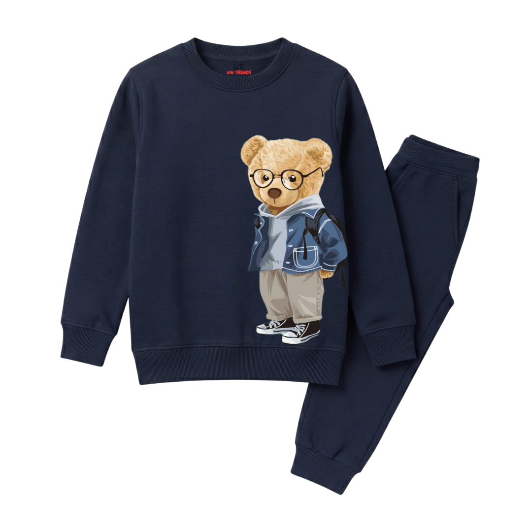 Kids Navy Blue Cool School Bear Graphic Print Winter Suit
