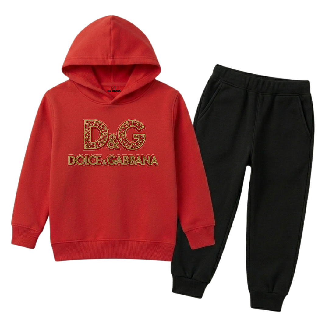 Kids Premium Red & Black D&G Graphic Winter Hoodie Set