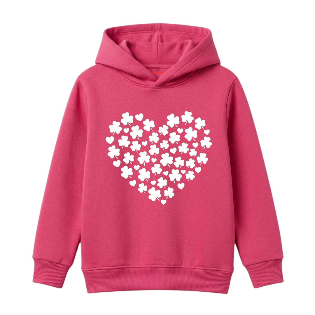 Girls Pink St Patricks Lucky Plant Heart Silhouette Warm Hoodie