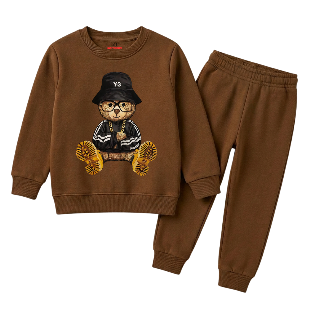 Coffee Brown Street Style Bear Graphic Winter Suit