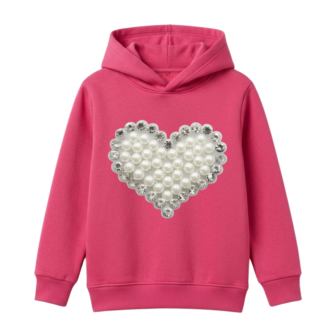 Luxury Pearl Cluster Diamond Border Heart Kids Winter Fleece Hoodie