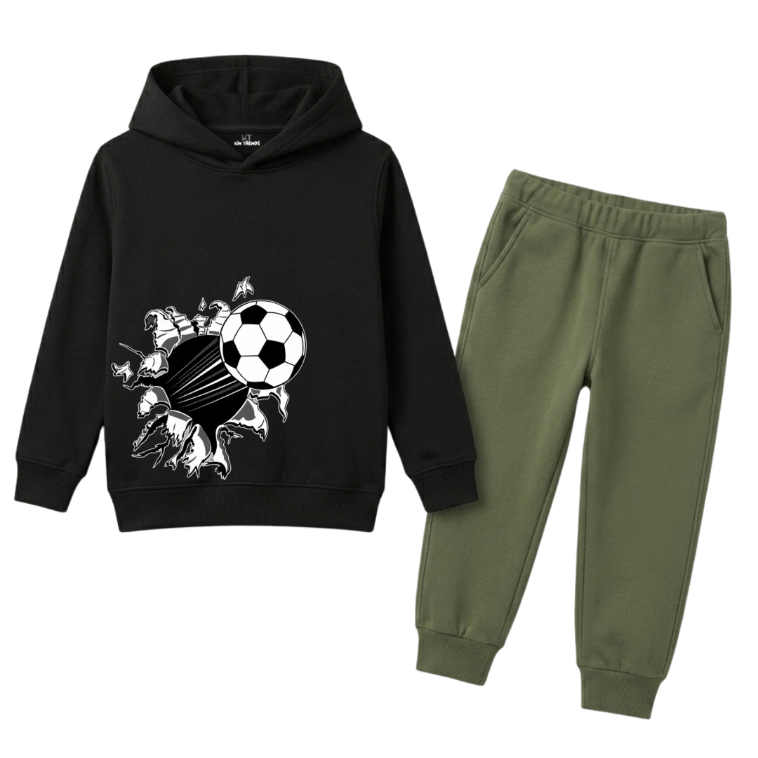 3D Football Breakout Graphic Kids Winter Fleece Tracksuit - 2 Pcs