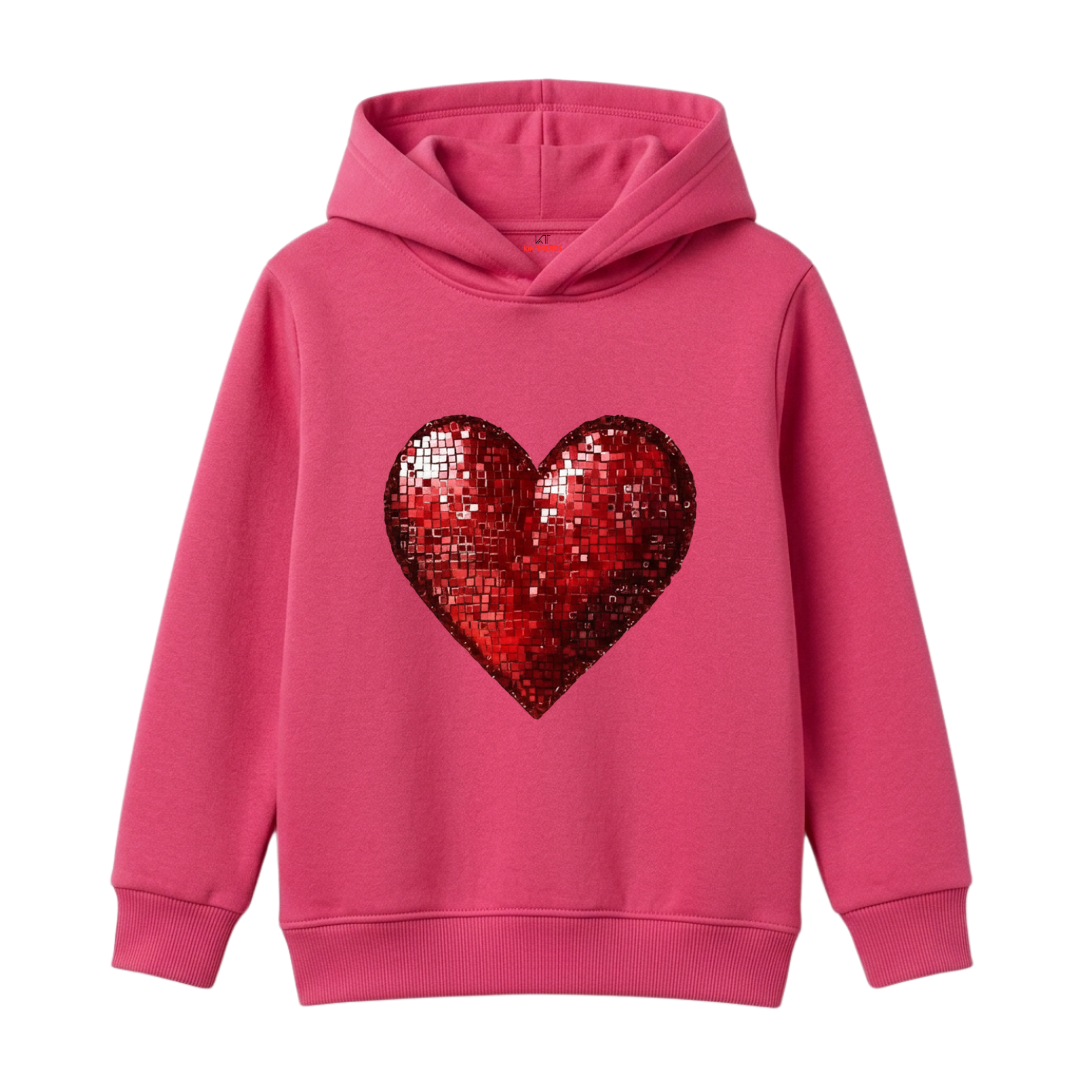 Girls Pink Sparkling Textured Love Motif Pullover Warm Hoodie