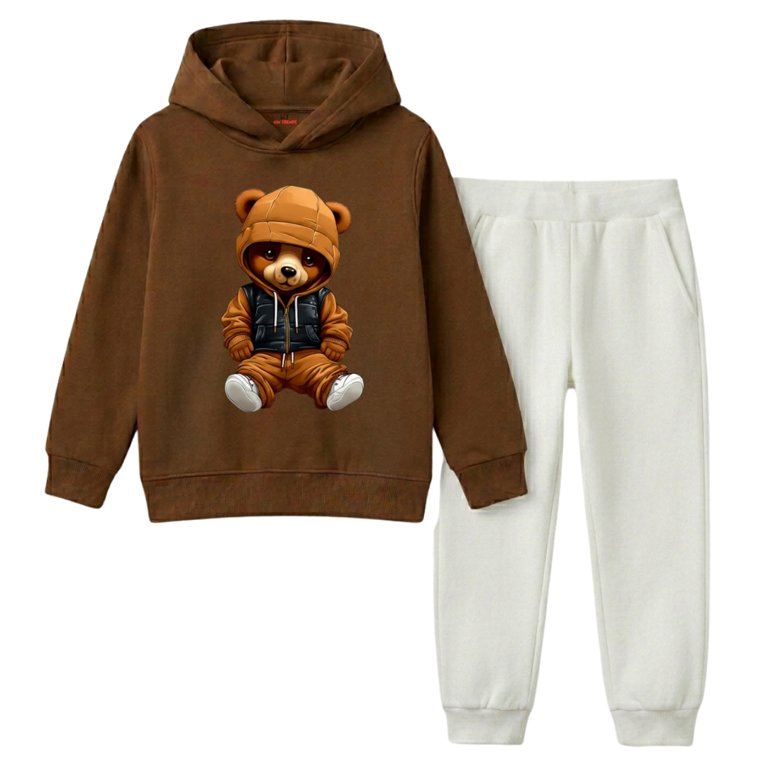 Cool Teddy Bear Puffer Jacket Graphic Kids Winter Fleece Tracksuit - 2 Pcs