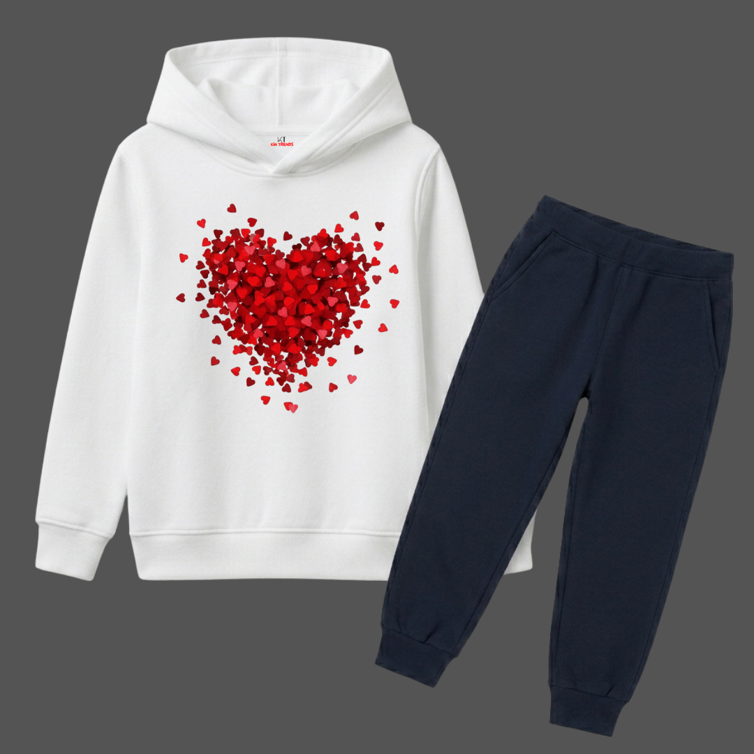 Scattered Red Hearts Explosion Printed Girls Winter Fleece Tracksuit - 2 Pcs