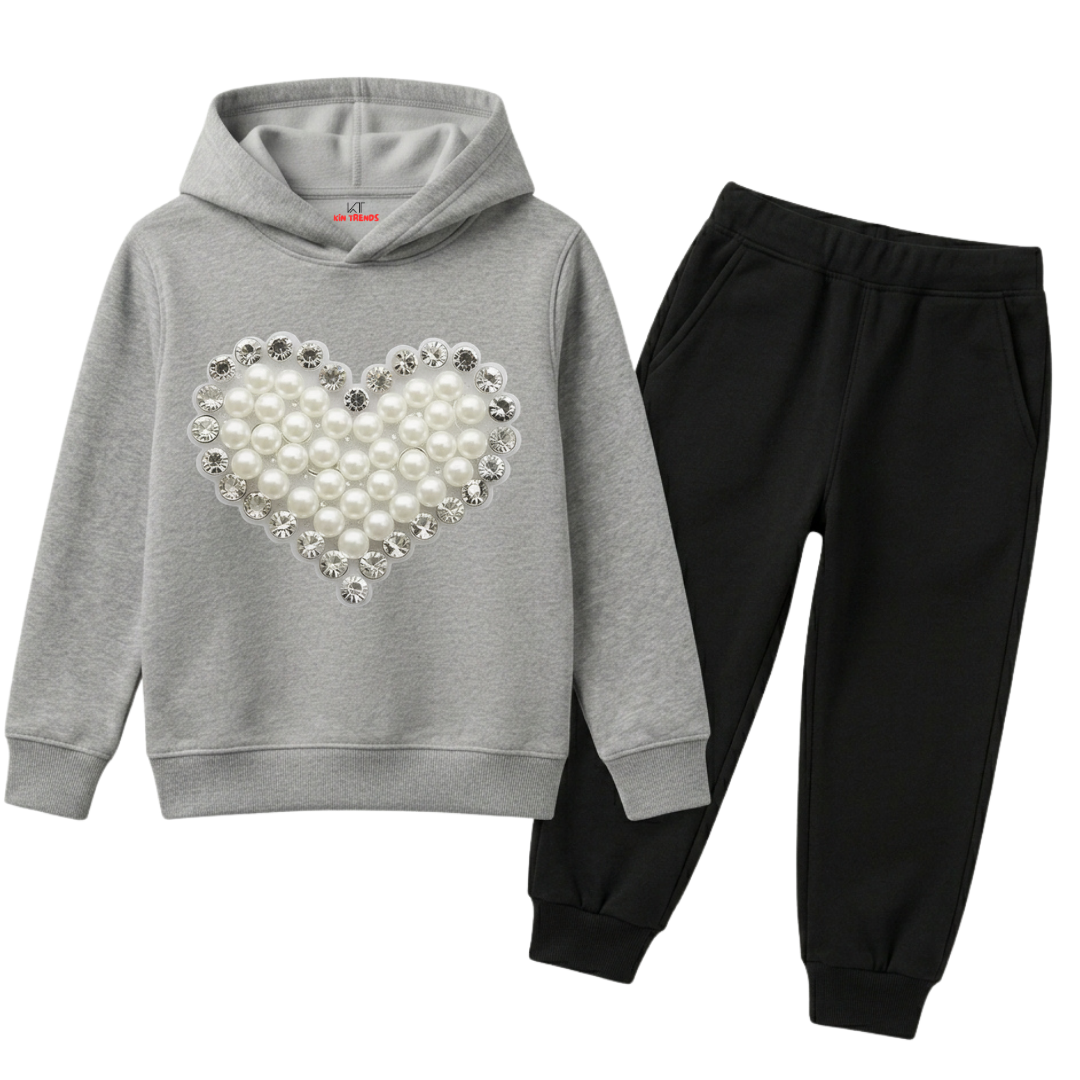 Luxury Pearl & Crystal Heart Printed Girls Winter Fleece Tracksuit - 2 Pcs