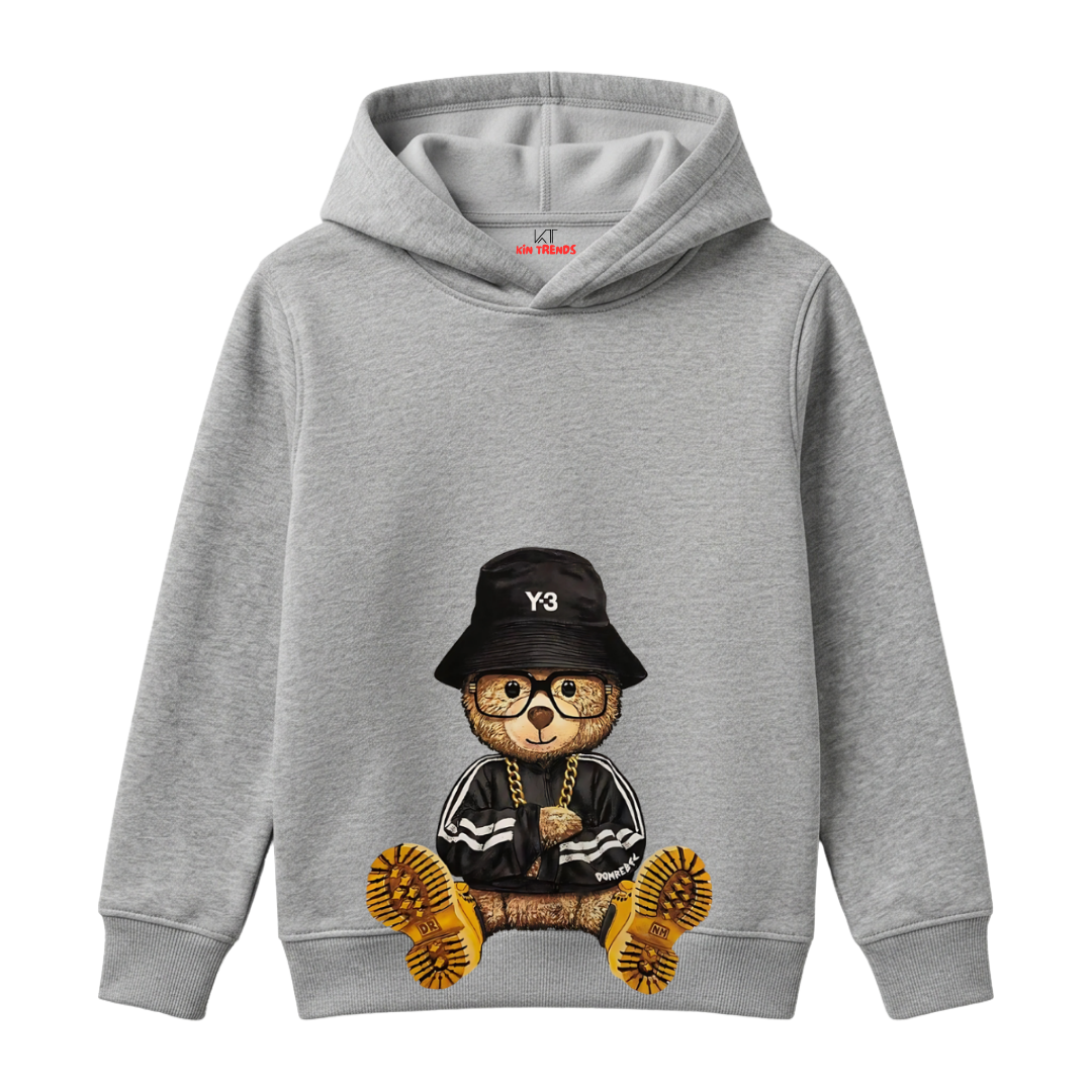 Kids Grey Hiphop Streetwear Teddy Bear Print Warm Pullover Hoodie