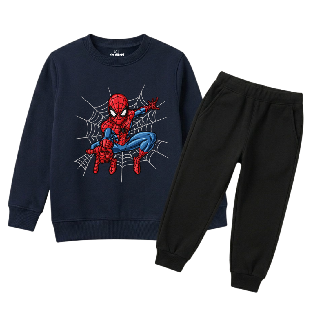 Kids Navy Blue & Black Spiderman Graphic Print Winter Suit
