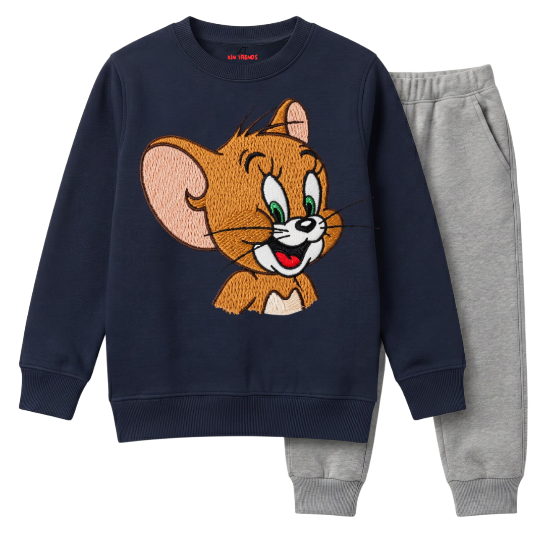 Kids Navy Blue & Grey Cute Jerry Mouse Graphic Print Winter Suit