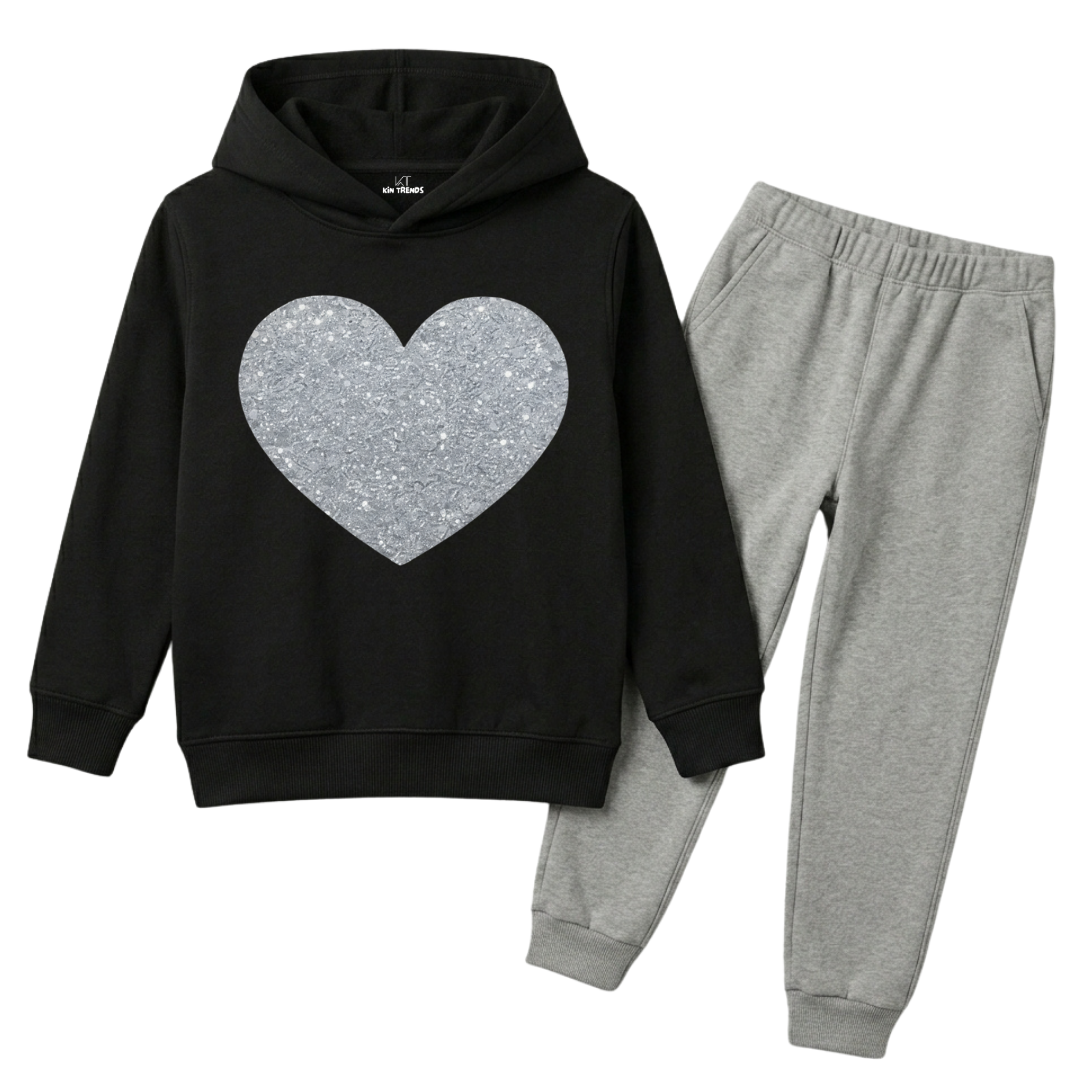 Silver Glitter Heart Graphic Printed Girls Winter Fleece Tracksuit - 2 Pcs