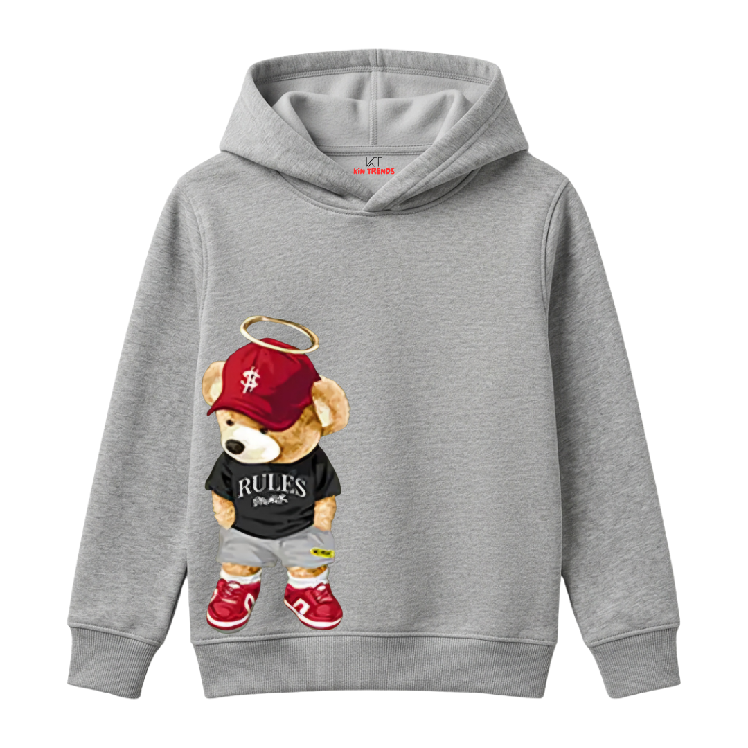 Streetwear Teddy Bear Angel Halo Rules Slogan Kids Winter Fleece Hoodie