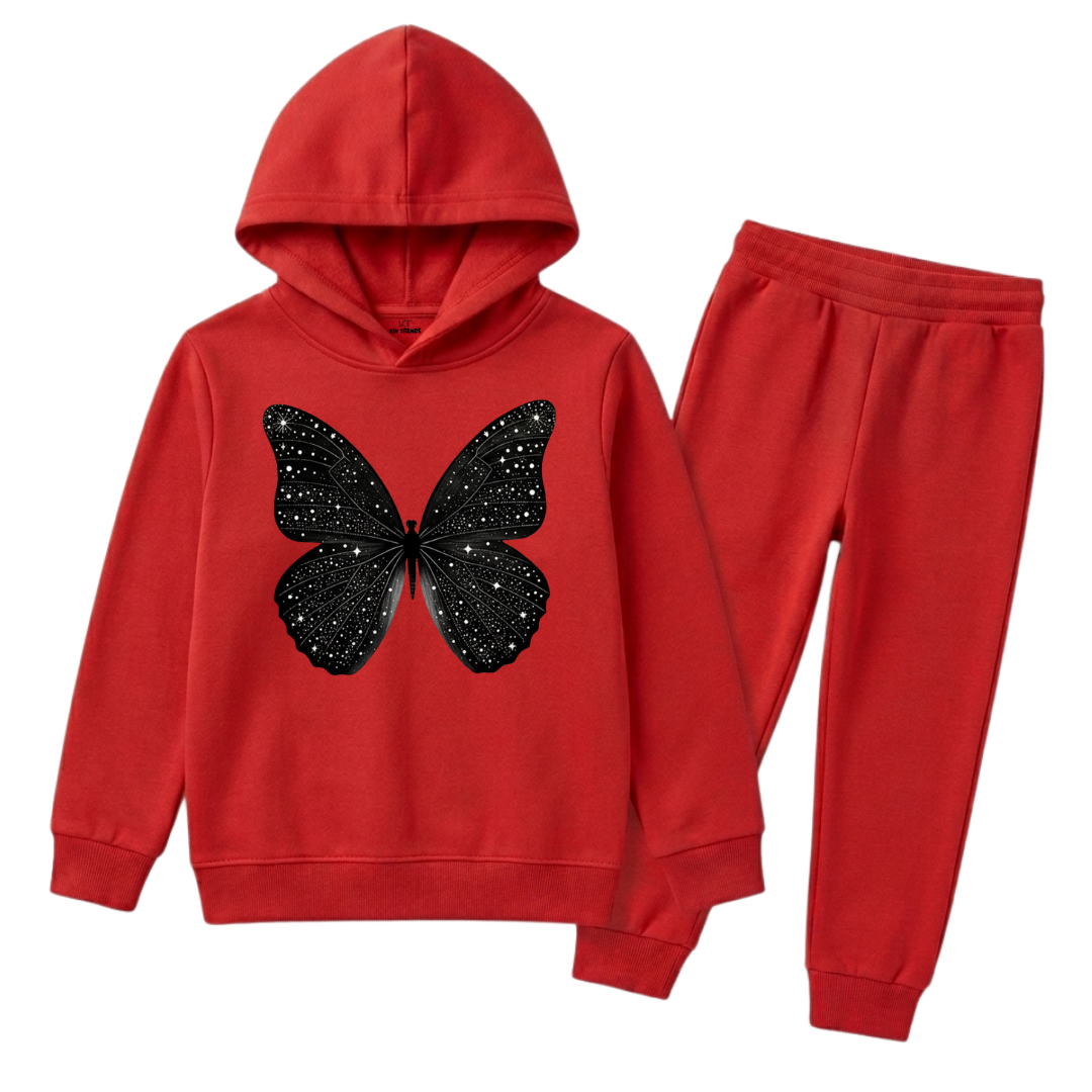 Cosmic Glitter Butterfly Girls Winter Fleece Tracksuit - 2 Pcs