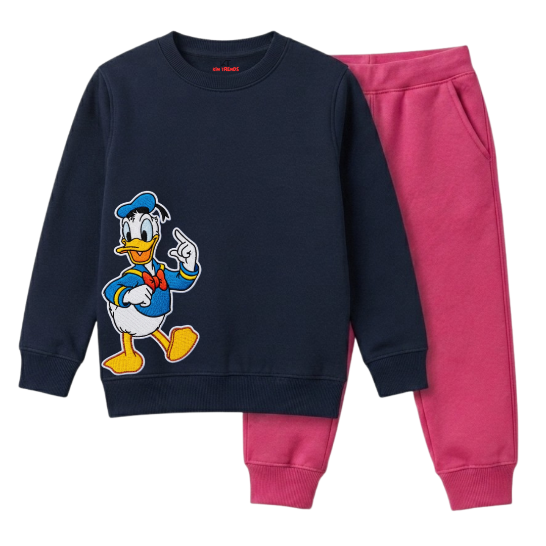 Girls Navy Blue & Dark Pink Cute Donald Duck Graphic Winter Set